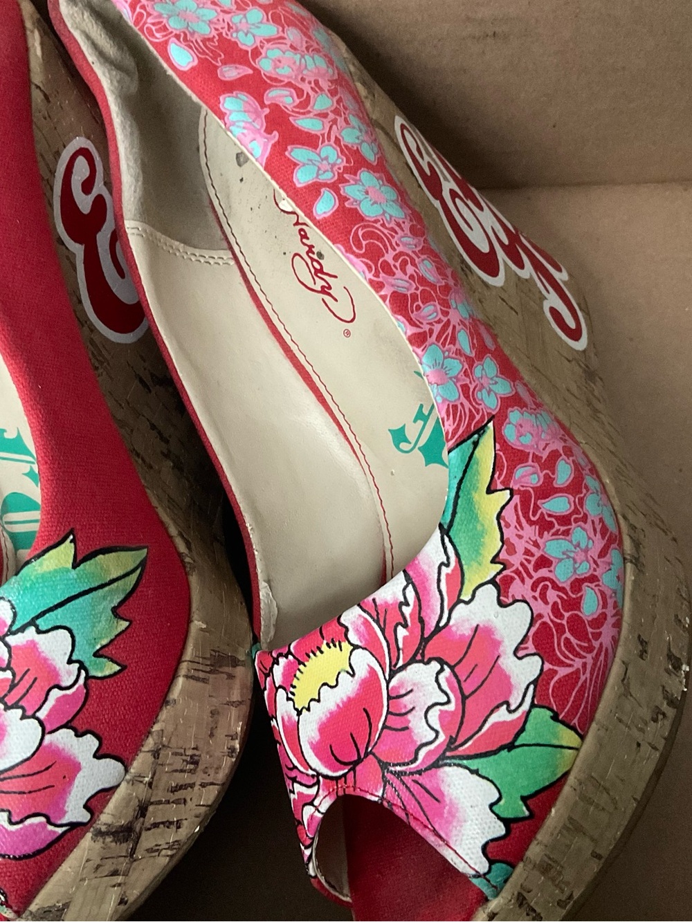 Ed Hardy Red Floral Peep-Toe Cork Wedges